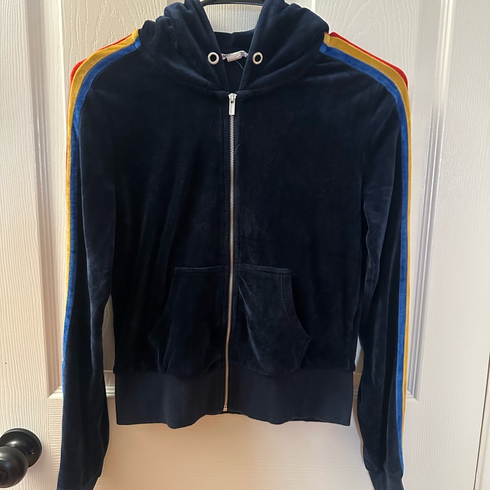 Navy Velvet Hoodie with Rainbow Stripes with match pants